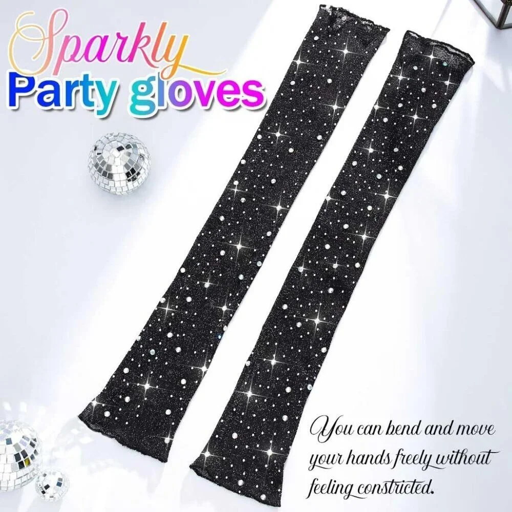 Women's Sparkly Rhinestone Black Long Sleeves Fingerless Elbow Length Gloves